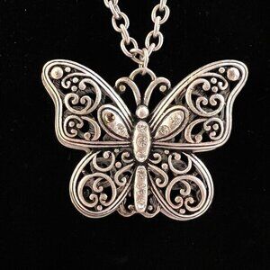 Opera‎ Necklace Silver Tone Chain Butterfly Pendant 28 in